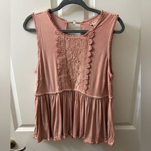 POL Dusty Rose Embroidered Babydoll Tank w Keyhole Back Detail